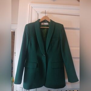 Zara Womens M Green Notch Lapel Single Breasted Blazer Padded Shoulders Lined